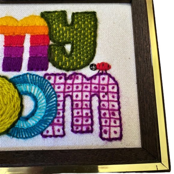 2/$30 Vintage Handmade embroidered framed sign wall/door hanging ladybugs - Picture 10 of 12